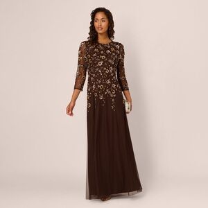 Adrianna Papell Floral Sequin Beaded Gown - Chocolate, Size 18, NWT
